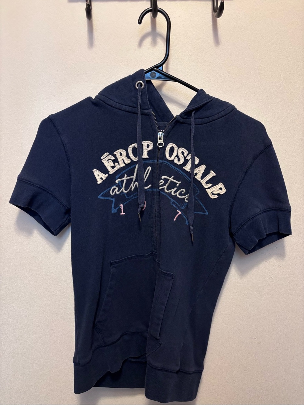 Aeropostale Navy Short-Sleeve Zip-Up Hoodie with Logo